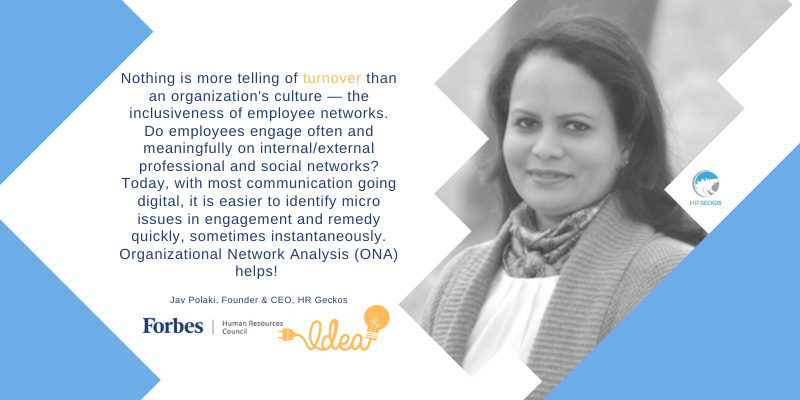 A grayscale photo of a woman on the right. On the left, is text about organizational culture, employee engagement, and digital communication. Logos at the bottom include Forbes and HR Geckos.