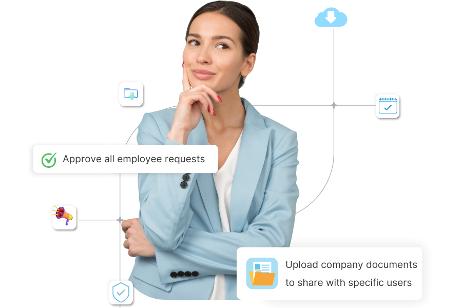 A woman wearing a light blue blazer is positioned among digital icons, like checkmarks and the phrases 'approve all employee requests,' 'upload company documents to share with specific users,' a calendar, and document symbols showcasing the HR Helpdesk HR Geckos.